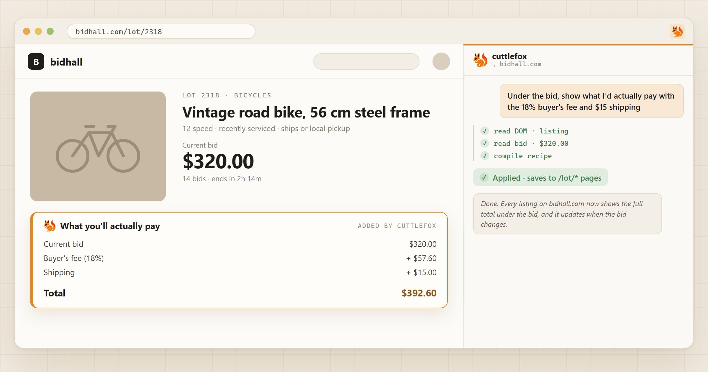 An auction listing with a $320 bid, and a box added by Cuttlefox adding an 18% buyer’s fee and $15 shipping for a $392.60 total